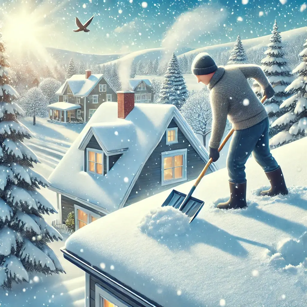 Person shoveling snow from a rooftop.