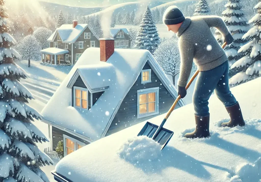 Person shoveling snow from a rooftop.